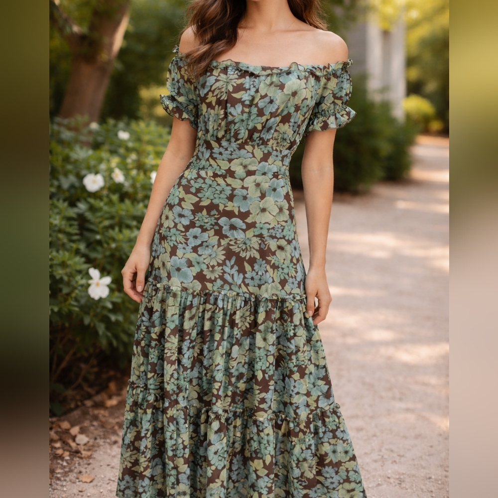 VTG Green & Brown Floral Off The Shoulder Ruffle Tiered Maxi Dress 14